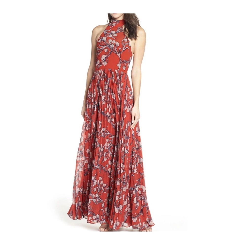 Fame and Partners Zora Halter-Neck Leaf-Print Dress